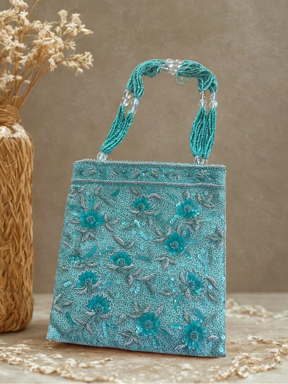 Embellished Mid-Century Vintage Turquoise Beaded Evening Bag
